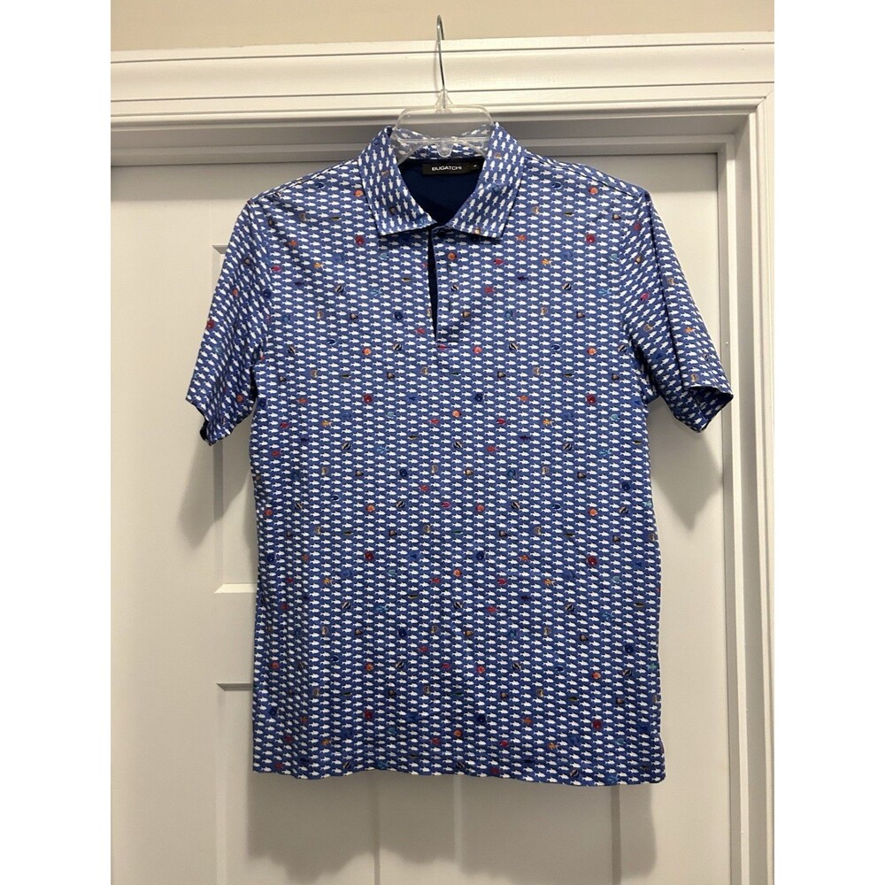 Bugatchi Blue Fish Print Short Sleeve Polo Men's Size Large Golf Beach Casual